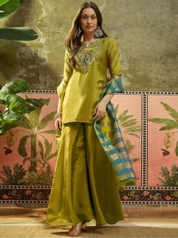 Gahan - Parrot Green HO Zari Sequence Thread Embroidered Kurta with Palazzo & Dupatta