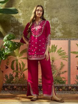Gahan - Dark Pink Satin Designer Cutwork Straight Kurta with Palazzo