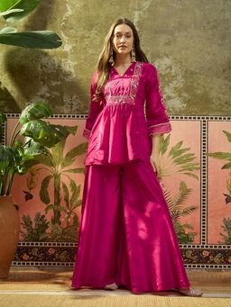 Gahan - Pink HO Silk Blend Zari Sequence Embroidered A-Line Kurta with Flared Palazzo