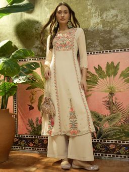 Gahan - Off White Georgette Zari Sequence Thread Embroidered Kurta with Palazzo