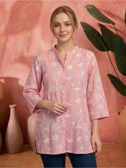 Gahan - Pink Floral Embroidered Cotton Fabric Short Kurti