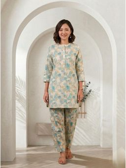 Gahan - Blue Designer Floral Printed Cotton Co-Ord Set