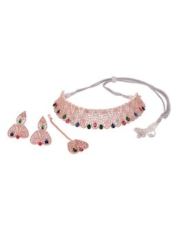 Saraf RS Jewellery - Rose Gold Plated Nav Ratna AD Studded Choker with Earring Maangtika (Set of 3)