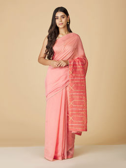 Fabindia - Pink Cotton Silk Geometric Saree Without Blouse