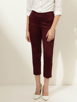 Marks & Spencer - Burgundy Cotton Blend Solid Slim Fit Pant