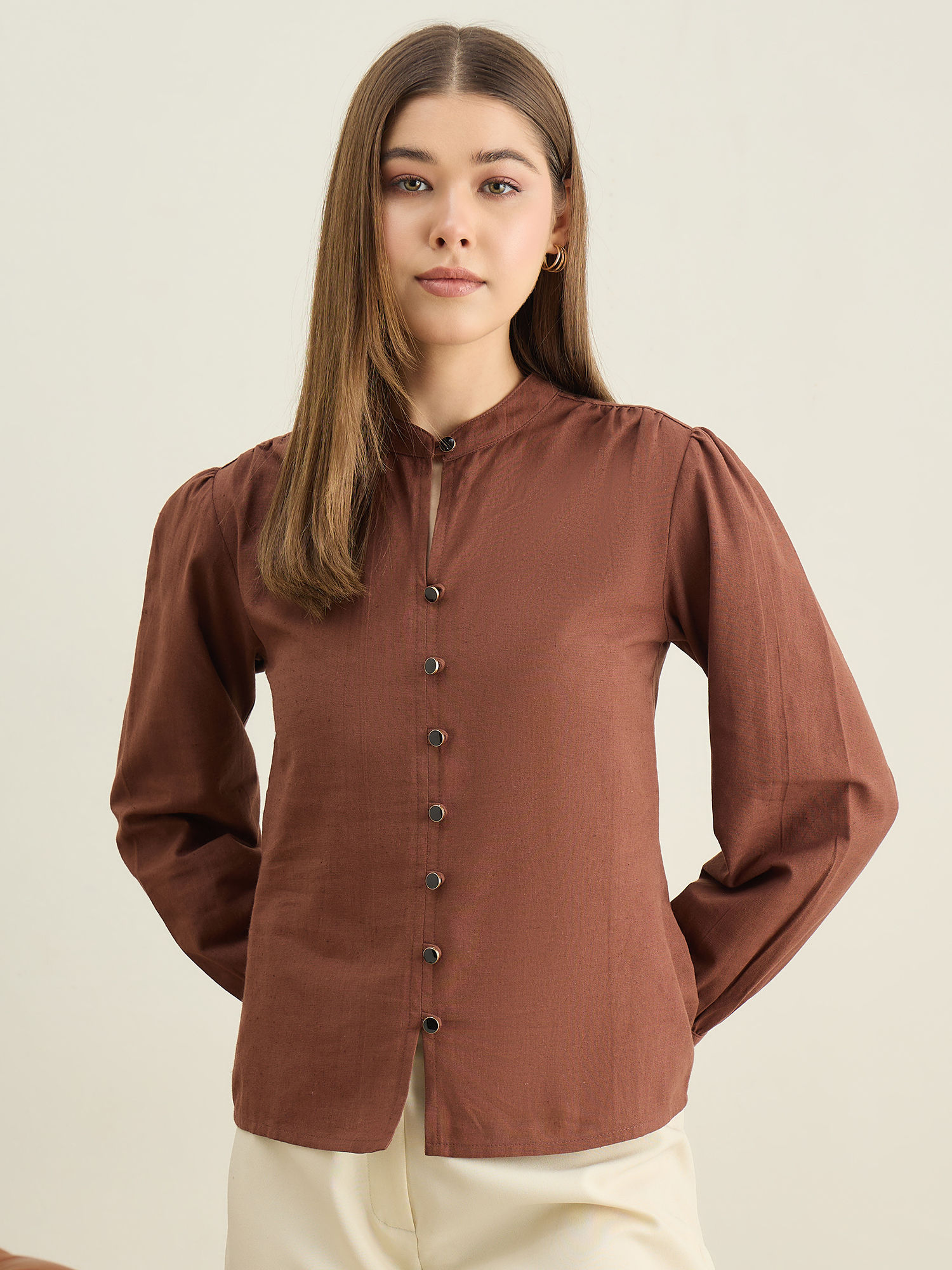 stylestone Women Brown Cotton Linen Shirt-picture-19