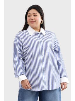 Virgio - Striped Cotton White Collar Stripe Plus Size Women Blue Shirt