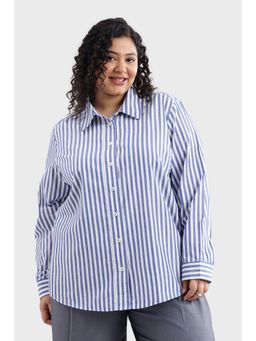 Virgio - Striped Cotton Blue and White Striped Plus Size Women Shirt