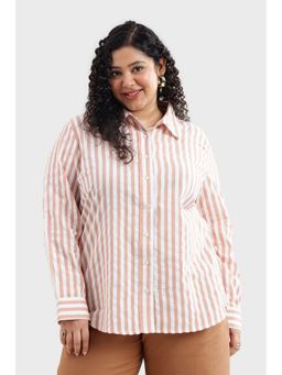 Virgio - Striped Cotton Orange and White Striped Plus Size Women Shirt