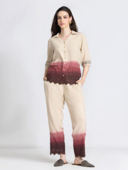 SHAYE - Women Beige Ombre Print Schiffli Top and Pant