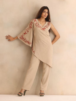 SHAYE - Women Beige V-Neck Embroidered Tunic with Pant