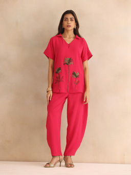 SHAYE - Women Pink Spread Collar Embroidered Top and Pant