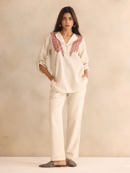 SHAYE - Women Beige Shawl Lapel Collar Embroidered Top and Pant