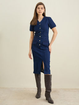 StyleStone - Women Blue Denim Solid Bodycon Dress