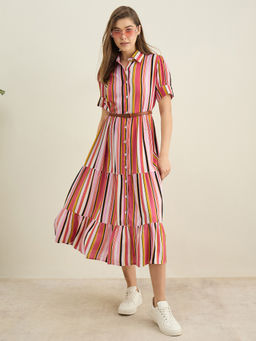StyleStone - Women Multi-Color Rayon Stripes Shirt Dress with Belt