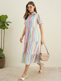 StyleStone - Women Multi-Color Cotton Stripes Shirt Dress