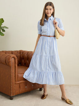 StyleStone - Women Blue Cotton Stripes Shirt Dress with Belt