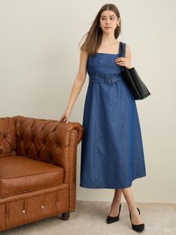 StyleStone - Women Blue Denim Solid Flared Dress with Belt