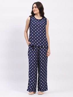 Global Republic - Navy Blue Rayon Polka Dots Round Neck Co-Ord Set