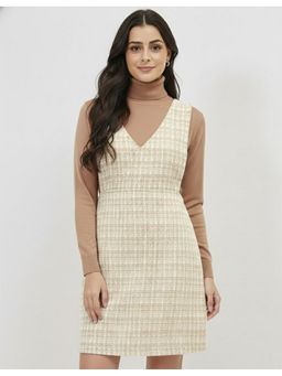 AAREIN - Women Cream Tweed Solid Pinafore Dress