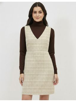 AAREIN - Women Beige Tweed Solid Pinafore Dress