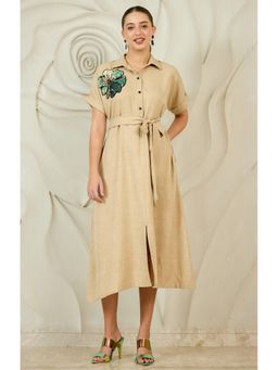 AAREIN - Women Beige Linen Embroidered A-Line Dress