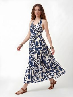 AAREIN - Women Blue Linen Abstract Flared Dress