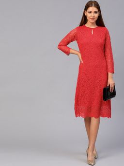 AAREIN - Women Red Polyester Textured Flared Dress
