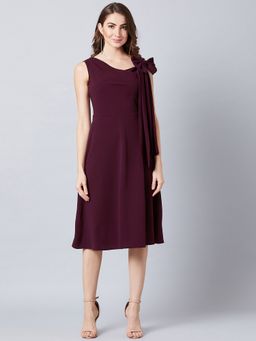 AAREIN - Women Burgundy Polyester Solid Flared Dress