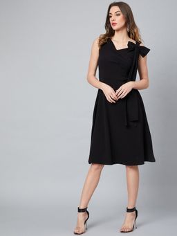AAREIN - Women Black Polyester Solid Flared Dress