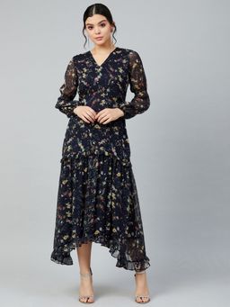 AAREIN - Women Navy Blue Georgette Floral Flared Dress