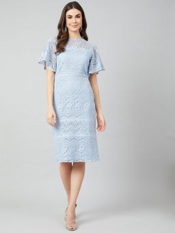 AAREIN - Women Blue Polyester Textured A-Line Dress