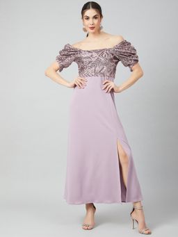 AAREIN - Women Lavender Polyester Embellished Flared Dress
