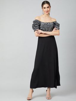 AAREIN - Women Black Polyester Embellished Flared Dress