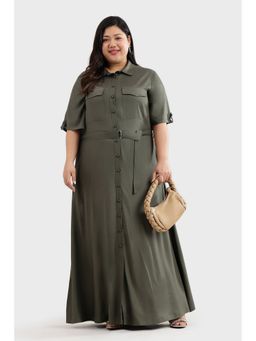 Virgio - Women Olive Viscose Solid Flared Dress with Belt