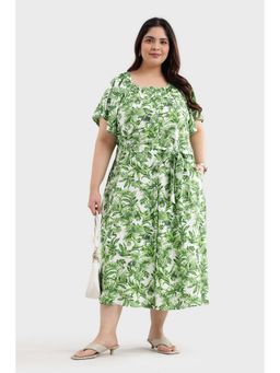 Virgio - Women Green Viscose Floral Flared Dress with Belt