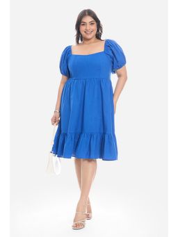Virgio - Women Blue Cotton Solid Flared Dress