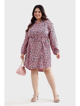 Virgio - Women Pink Viscose Floral Shirt Dress with Belt