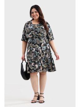 Virgio - Women Black Viscose Floral Flared Dress