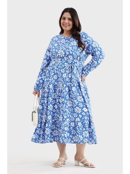 Virgio - Women Blue Cotton Floral Flared Dress