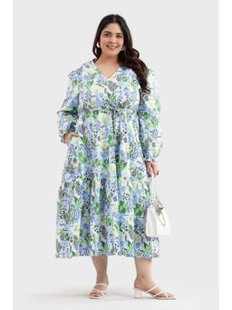 Virgio - Women Blue Cotton Floral Flared Dress