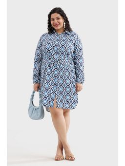 Virgio - Women Blue Viscose Geometric Shirt Dress with Belt
