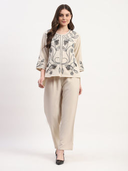 Global Republic - Rayon Blend Cream Embroidered Round Neck Top and Pant