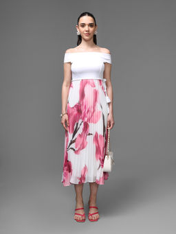 Kazo - Women Pink Shells Floral Flared Dress with Belt