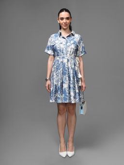 Kazo - Women Blue Viscose Floral Shirt Dress with Belt