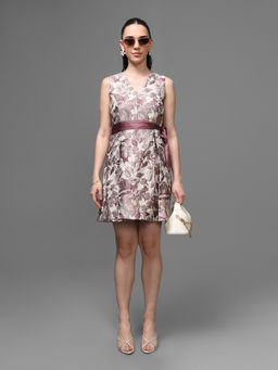Kazo - Women Pink Shells Floral A-Line Dress with Belt