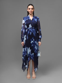 Kazo - Women Blue Polyester Floral Flared Dress with Belt