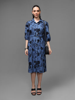 Kazo - Women Blue Polyester Floral Shirt Dress with Belt