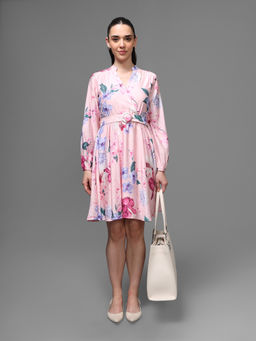 Kazo - Women Pink Viscose Floral Flared Dress with Belt
