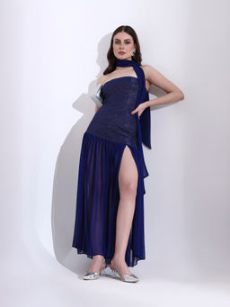 SALVIA SKY - Women Blue Lurex Embellished Flared Dress with Dupatta